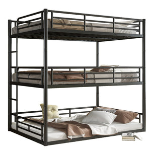 English Elm Twin Triple Metal Bunk Bed Matte Powder Coated Frame with Full Safety Guardrails Black W1580S00580