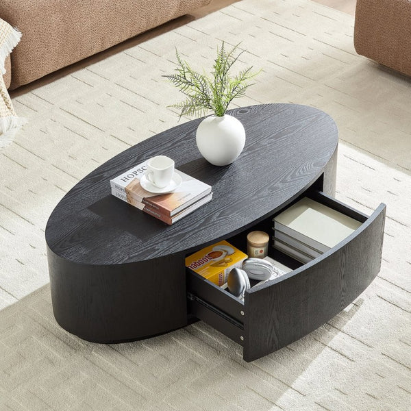 English Elm Modern Oval Coffee Table Matte Finish Mdf Frame with Storage Drawer for Living Room Black W2085P384569