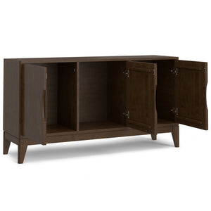English Elm Harper Walnut Brown 3-Door Sideboard Buffet – Solid Rubberwood, Mid-Century Tapered Legs, Storage B136P235248