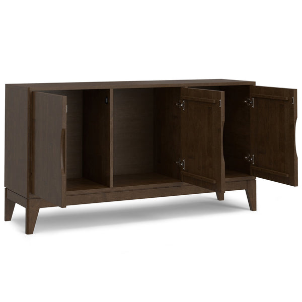 English Elm Harper Walnut Brown 3-Door Sideboard Buffet – Solid Rubberwood, Mid-Century Tapered Legs, Storage B136P235248