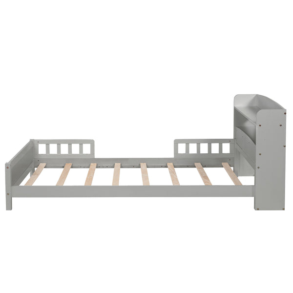 English Elm Twin Pine Wood Bed with Bookcase Headboard LED Motion Sensor Light Guardrails Ample Storage Space Grey W504P277595