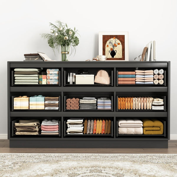 English Elm 9 Drawer Mid Century Wood Dresser Low Profile Matte Finish Bedroom Storage Cabinet Black W409S00011