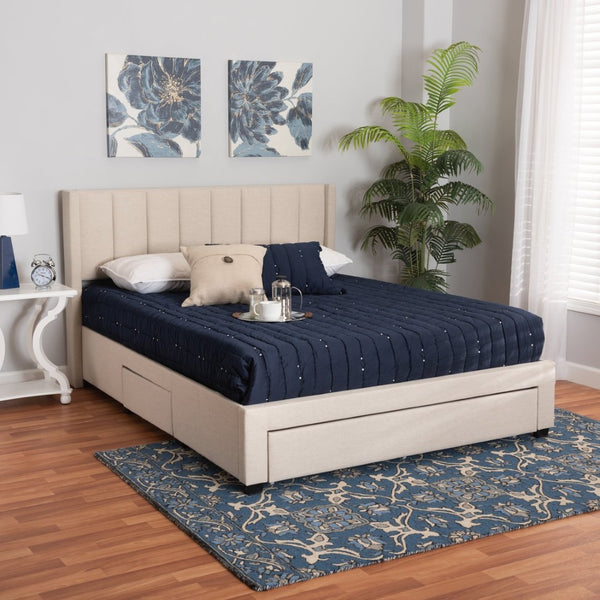 Baxton Studio Baxton Studio Coronado Mid-Century Modern Platform Bed with Storage Drawers for a Stylish Bedroom Beige Full CF 9270-B-Coronado-B-Beige-Full