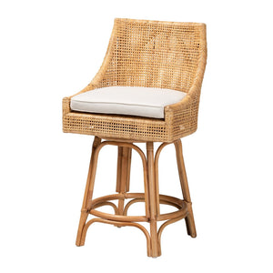 Baxton Studio bali Bella Modern Bohemian Rattan Counter Stool with 360° Swivel, Padded Cushion & Natural Finish Bella-Rattan-CS