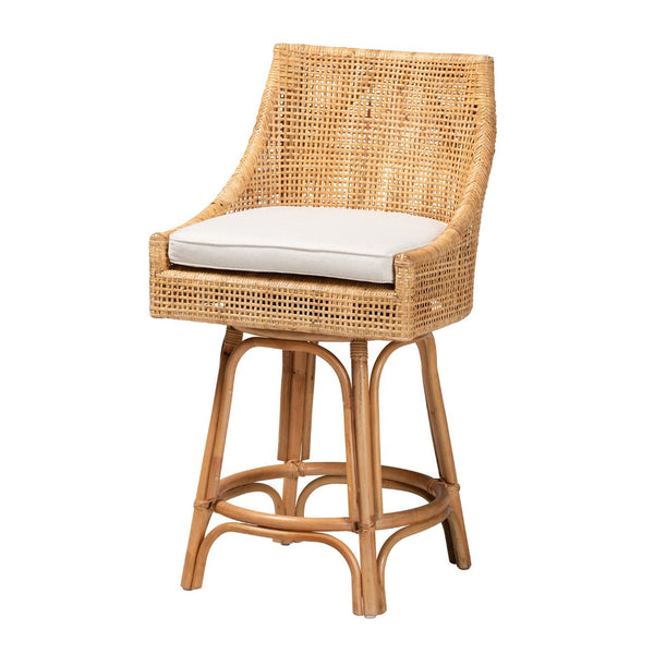 Baxton Studio bali Bella Modern Bohemian Rattan Counter Stool with 360° Swivel, Padded Cushion & Natural Finish Bella-Rattan-CS