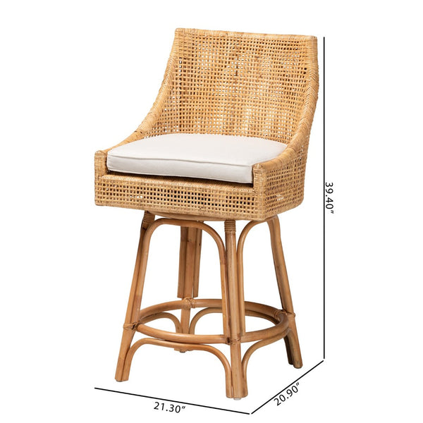 Baxton Studio bali Bella Modern Bohemian Rattan Counter Stool with 360° Swivel, Padded Cushion & Natural Finish Bella-Rattan-CS