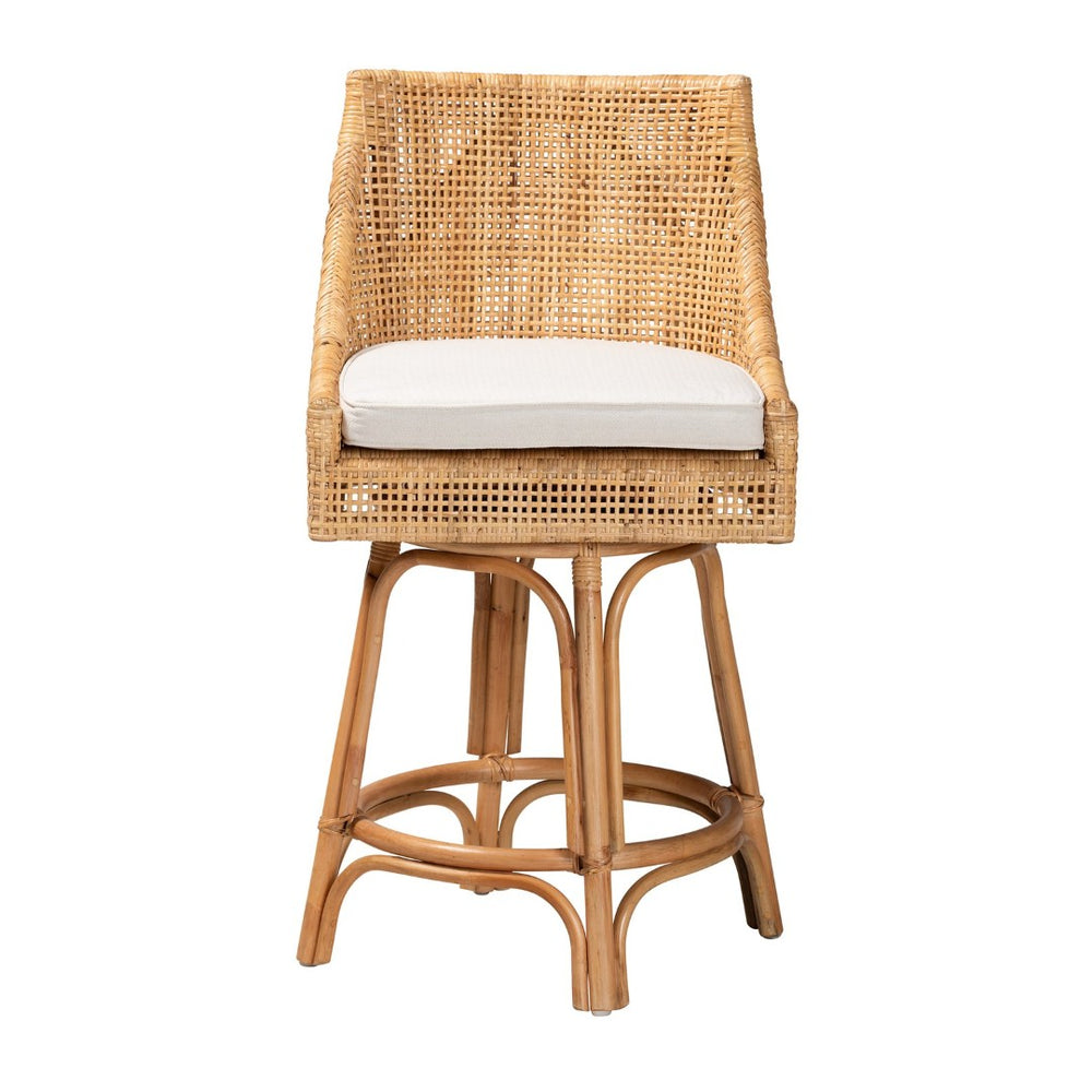 Baxton Studio bali Bella Modern Bohemian Rattan Counter Stool with 360° Swivel, Padded Cushion & Natural Finish Bella-Rattan-CS