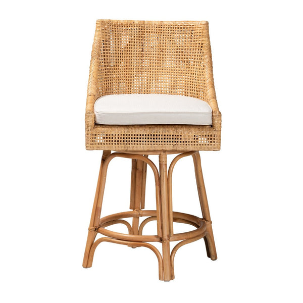 Baxton Studio bali Bella Modern Bohemian Rattan Counter Stool with 360° Swivel, Padded Cushion & Natural Finish Bella-Rattan-CS
