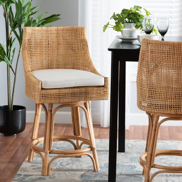 Baxton Studio bali Bella Modern Bohemian Rattan Counter Stool with 360° Swivel, Padded Cushion & Natural Finish Bella-Rattan-CS
