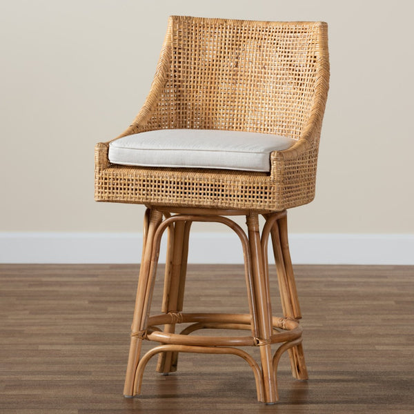 Baxton Studio bali Bella Modern Bohemian Rattan Counter Stool with 360° Swivel, Padded Cushion & Natural Finish Bella-Rattan-CS