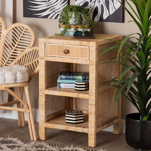 Baxton Studio bali Bella Bohemian Nightstand - Handcrafted Mahogany & Rattan with Drawer, Unique Storage Solution Bella-Mahogany-SM-NS