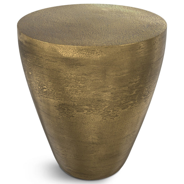 English Elm Cavan Cast Aluminum Side Table in Antique Brass — Handcrafted Asymmetrical Drum Accent Table, 21.75" B136P239036