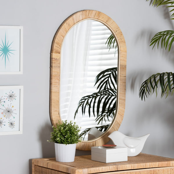 Baxton Studio bali Bella Modern Bohemian Mahogany Wood and Rattan Mirror - Artisanal Warmth for Every Space Oval Bella-Hardwood-Oval-Mirror