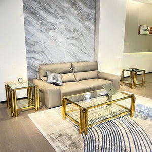 English Elm Modern 3-Piece Coffee Table Set With Double-Layer Tempered Glass & Gold Stainless Steel Finish W2978S00047