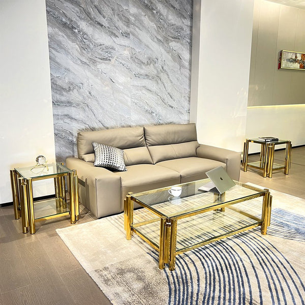 English Elm Modern 3-Piece Coffee Table Set With Double-Layer Tempered Glass & Gold Stainless Steel Finish W2978S00047