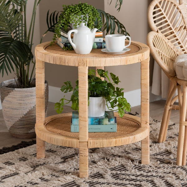 Baxton Studio bali Bella Modern Bohemian 2-Tier End Table in Natural Brown Mahogany & Rattan - Stylish Accent Piece Bella-Rattan-ET