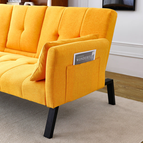 English Elm 70-inch Foldable Cotton Linen Sofa Bed with Cup Holder & Side Storage, Space-Saving 2-Seater Design Yellow W3371P337202