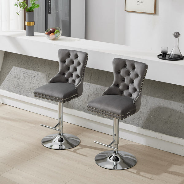 English Elm Thick Velvet Swivel Barstools Adjustable 25-33" Height with 17.7" Chrome Base, Tufted Diamond Pleat Elegance Gray W1143P335043
