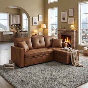 English Elm Sleeper Sectional with Pull Out Bed Storage Chaise Tufted Breathable Fabric Sofa W5568S00044