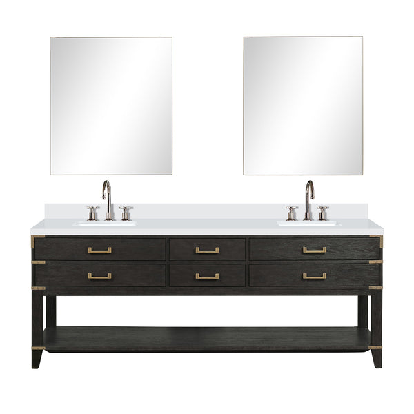 English Elm Black Oak Double Bath Vanity With White Quartz Top, Chrome Faucet, & Two 36" Mirrors For Luxury Spaces B2731S02206
