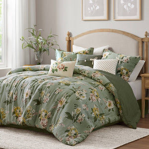 English Elm 7-piece Queen Vintage Floral Comforter Set Cotton Blend Slub Weave Reversible Stripe Green B035P440212