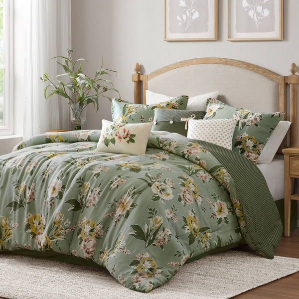English Elm 7-piece Queen Vintage Floral Comforter Set Cotton Blend Slub Weave Reversible Stripe Green B035P440212