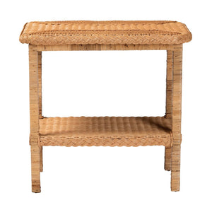 English Elm Bohemian Hand-braided Rattan Side Table with Open Shelf for Warm Organic Interiors B2750P467754