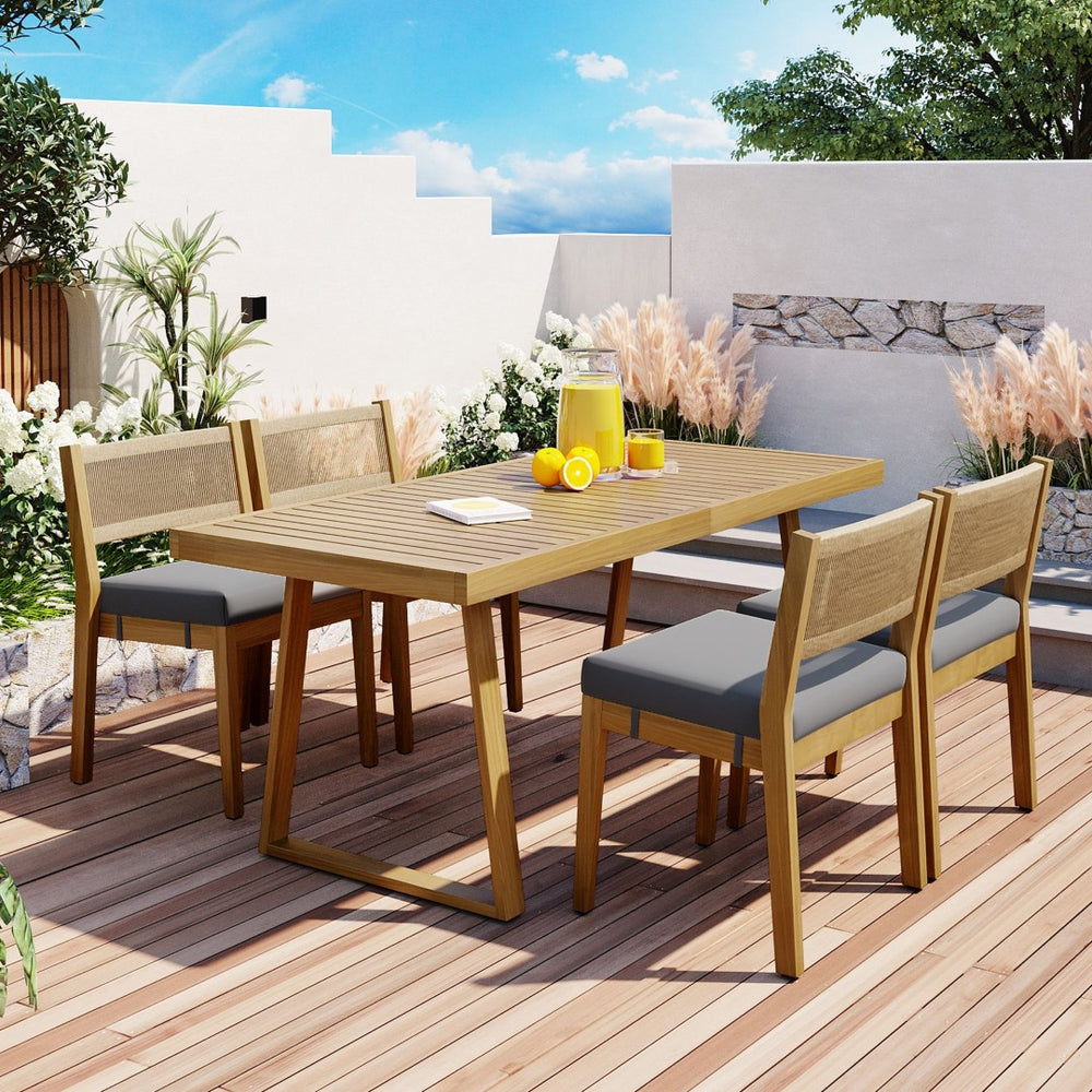 English Elm U_style Acacia Wood Outdoor Dining Set with Thick Cushions for Patio Garden Use WY000393AAE