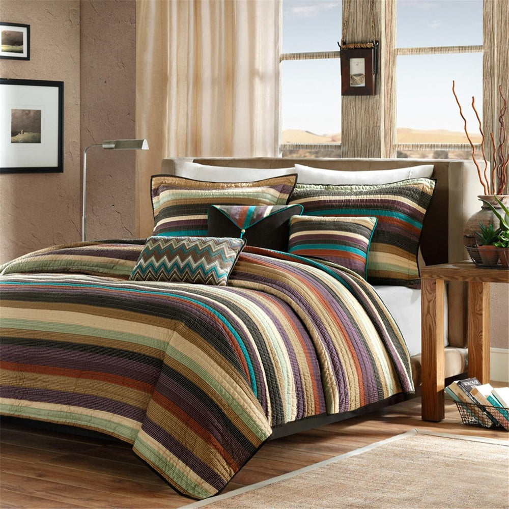 English Elm Reversible Yosemite Quilted Set King/Cal King with 3 Decorative Pillows, Purple Teal Stripes, Easy Care B03597451