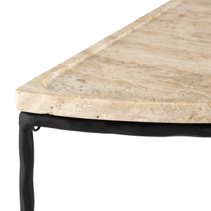 Boyles Travertine Demi-Lune Table with Unique Natural Stone Top & Elegant Forged Iron Base