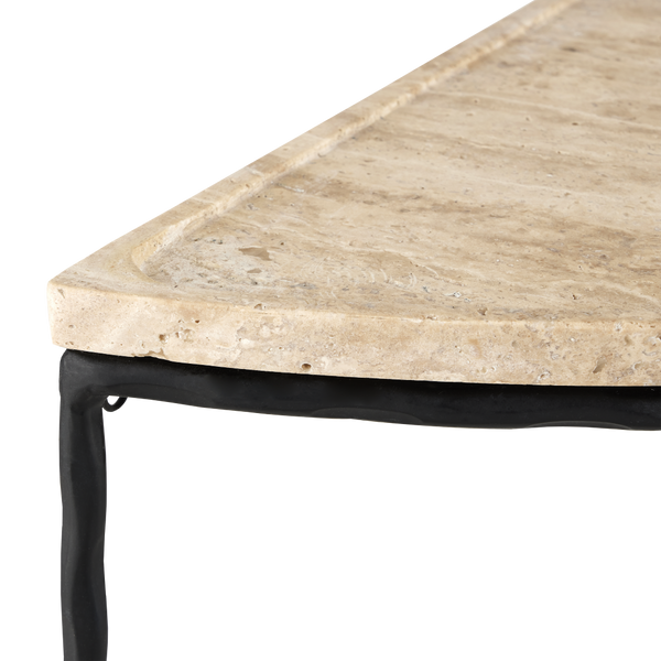 Boyles Travertine Demi-Lune Table with Unique Natural Stone Top & Elegant Forged Iron Base