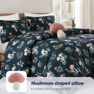 English Elm 4-piece Whimsical Mushroom Floral Microfiber Comforter Set with Shaped Accent Pillow Navy Multi B035P482879