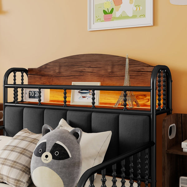 English Elm Twin Solid Wood Platform Bed with Guardrail for Kids, Low-Profile Sturdy Pine Frame, Safe Sleep Solution Black 45.87 L x 17.72 W x 11.22 H W2593P337457