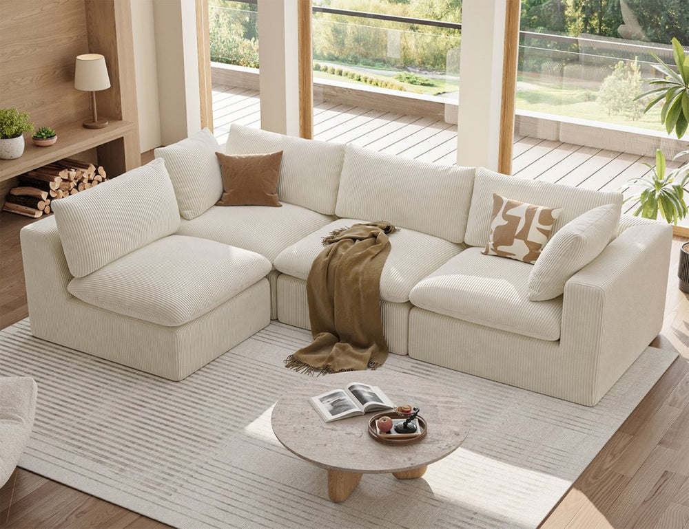 English Elm Modular L Shaped Sectional Sofa in Corduroy Fabric Seats Four with Accent Pillows W1955S00003