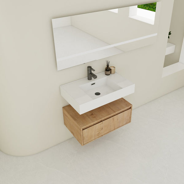 English Elm 30-Inch Wall-Mounted Bathroom Vanity With Resin Sink, Soft-Close Drawer, Modern Oak Finish Design W999S00256