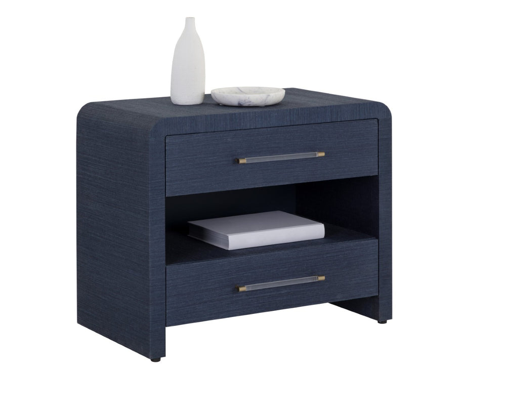 Sunpan ATHERTON Nightstand - Handwoven Indigo Raffia with Solid Wood Frame and Soft-Closing Drawers 109431