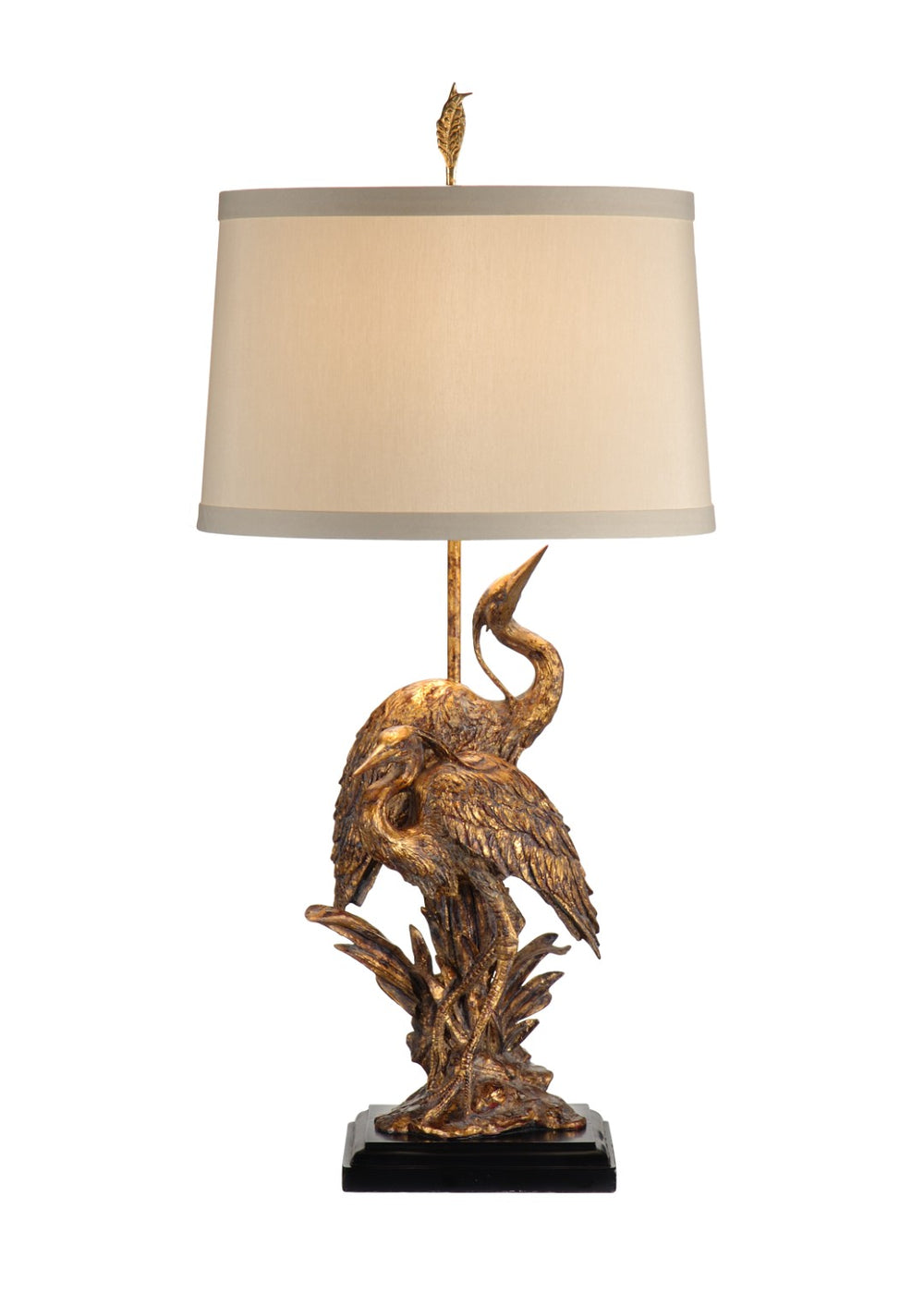 Wildwood Egrets Antique Gold Table Lamp With Sculptural Bird Base, Tapered Drum Shade & Feather Finial — Coastal Elegance 13112