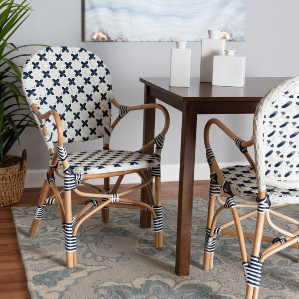 Baxton Studio bali Bryson Bistro Chair - French Blue & White Woven Rattan, Ergonomic Comfort, Fully Assembled! BC010-W2-Rattan-DC Arm