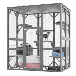 English Elm Outdoor Fir Wood Cat Enclosure Three Tier Six Platform Habitat with Waterproof Roof W1598P390796