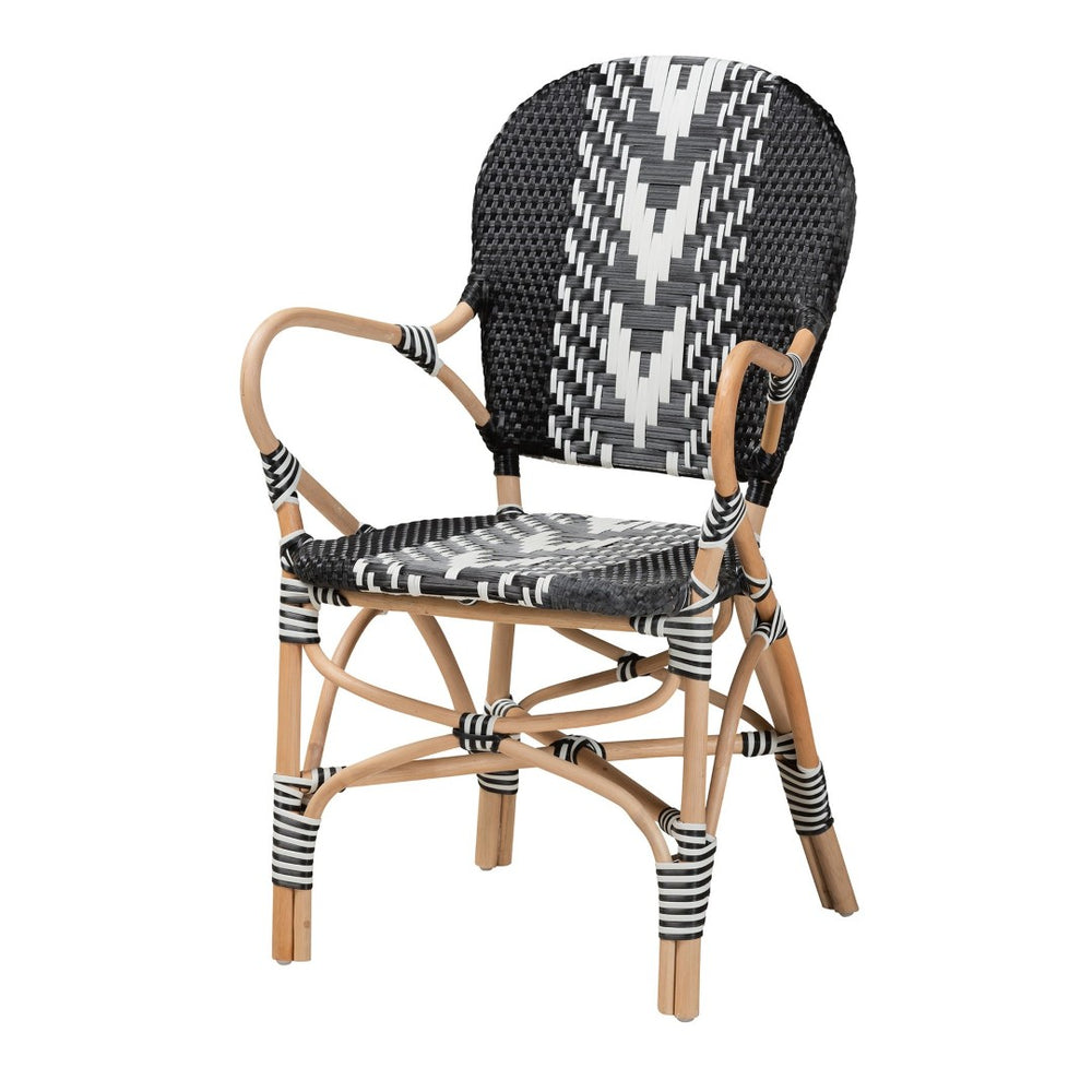 Baxton Studio bali Wallis Modern French Two-Tone Black & White Dining Chair with Natural Rattan & Ergonomic Comfort BC010-W3-Rattan-DC Arm