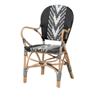 Baxton Studio bali Wallis Modern French Two-Tone Black & White Dining Chair with Natural Rattan & Ergonomic Comfort BC010-W3-Rattan-DC Arm