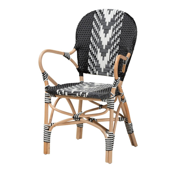Baxton Studio bali Wallis Modern French Two-Tone Black & White Dining Chair with Natural Rattan & Ergonomic Comfort BC010-W3-Rattan-DC Arm