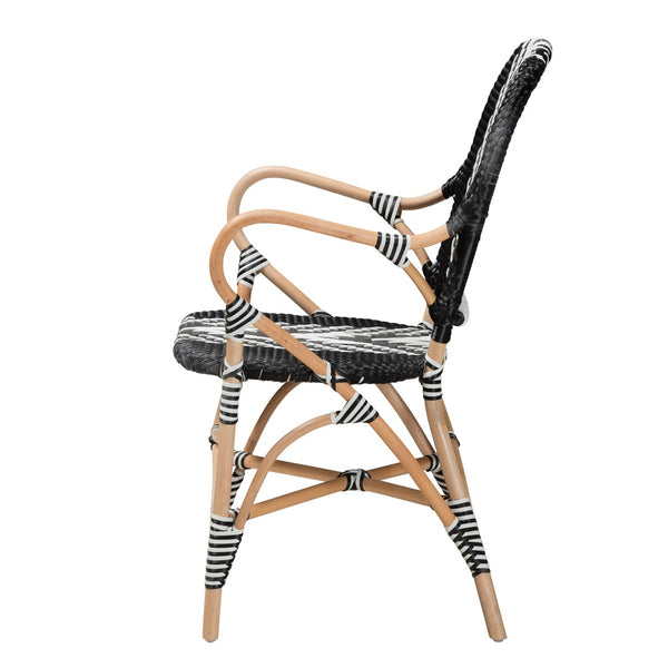 Baxton Studio bali Wallis Modern French Two-Tone Black & White Dining Chair with Natural Rattan & Ergonomic Comfort BC010-W3-Rattan-DC Arm