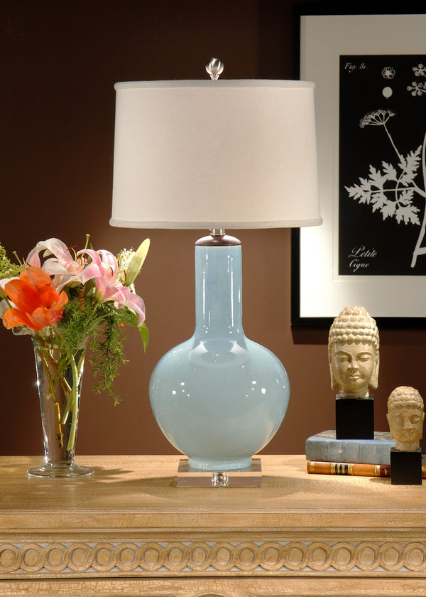 Wildwood Cayden Pale Blue Porcelain Table Lamp With Clear Acrylic Base, Polished Nickel Accents, Linen Shade 13115
