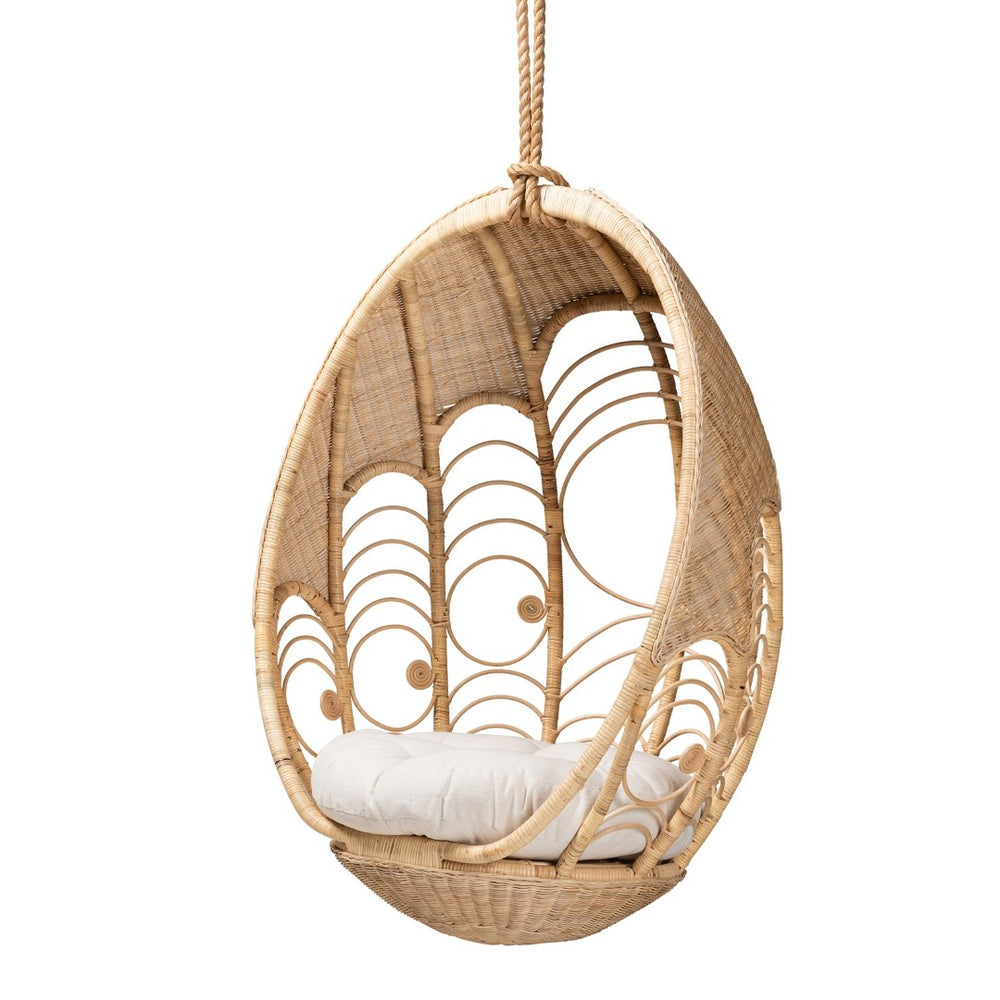 Baxton Studio bali Umika Modern Bohemian Rattan Hanging Chair with Plush Cushion - Perfect for Cozy Spaces! HC001-Rattan-Hanging Chair