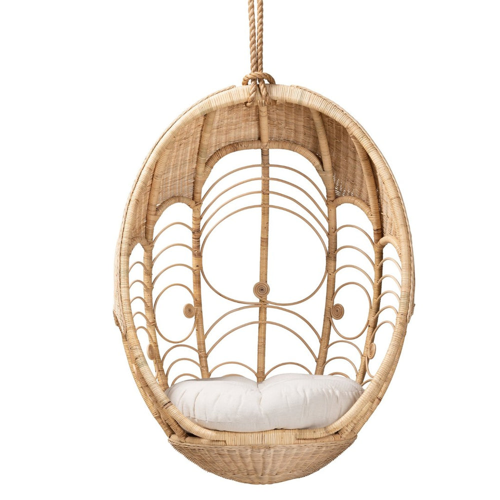 Baxton Studio bali Umika Modern Bohemian Rattan Hanging Chair with Plush Cushion - Perfect for Cozy Spaces! HC001-Rattan-Hanging Chair