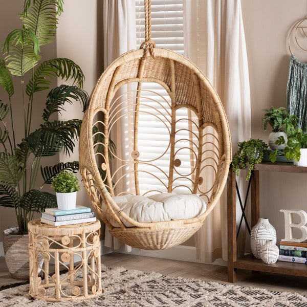 Baxton Studio bali Umika Modern Bohemian Rattan Hanging Chair with Plush Cushion - Perfect for Cozy Spaces! HC001-Rattan-Hanging Chair