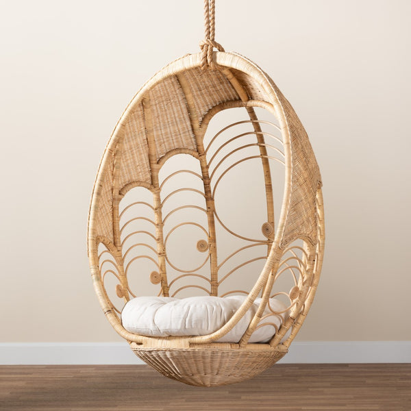 Baxton Studio bali Umika Modern Bohemian Rattan Hanging Chair with Plush Cushion - Perfect for Cozy Spaces! HC001-Rattan-Hanging Chair