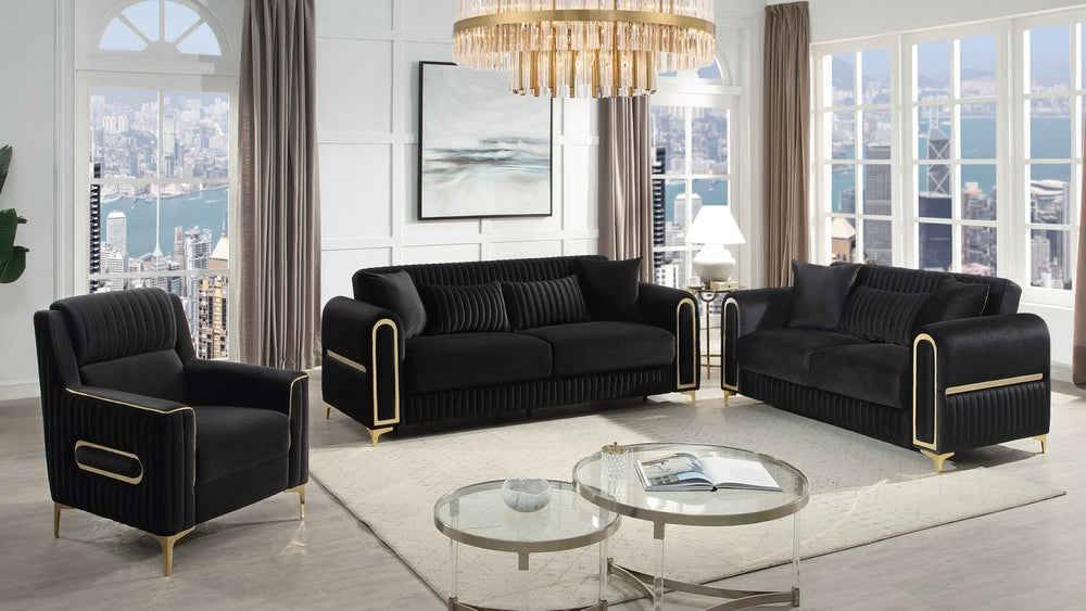 English Elm Ruby 3 Piece Living Room Sofa Set with Gold Steel Legs and Channel Stitch Detail B009S02248