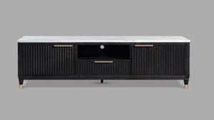 English Elm 1pc Modern Luxury Fluted Wood Facade TV Stand with Faux Marble Top, Brass Accents & Tapered Legs Black,White 20.25 L x 87 W x 24 H B2741P366757